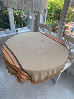 1970s VTG Tan Round tablecloth w brown & Orange stripes & Fringe accent 60”